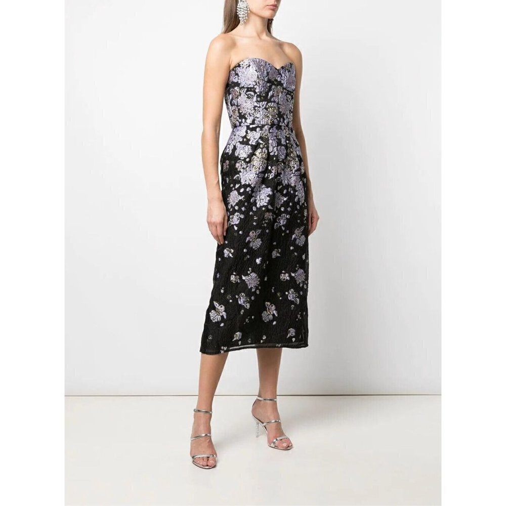 Marchesa Notte Strapless Sweetheart Neck Fils Coup Midi Gown Black Womens Size
